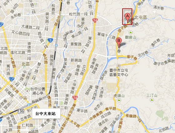 台中市區東北面外圍景點景點分佈地圖