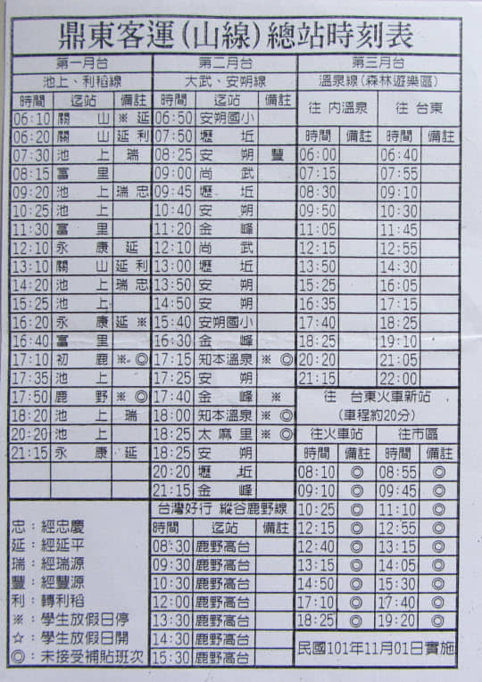 台東 鼎東客運山線總站 往池上油菜花海巴士時刻表